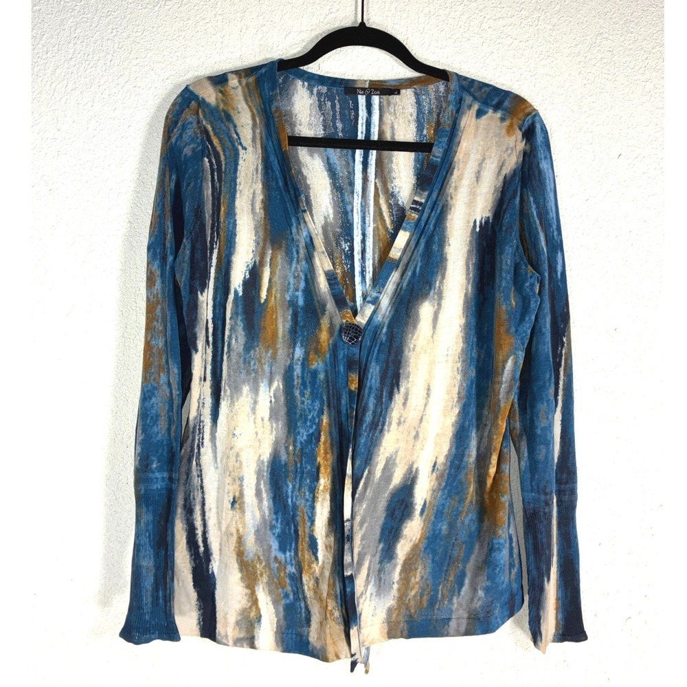 Nic + Zoe Blue Abstract Watercolor Single Button Cotton Cardigan Sweater Large